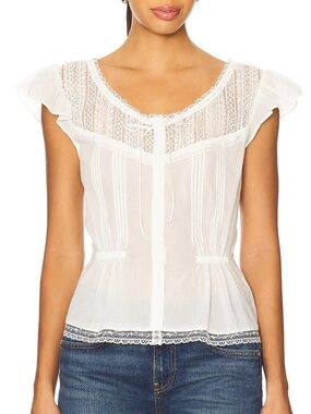 Tularosa White Lace Yoke Tie-Front Flutter Sleeve Blouse
